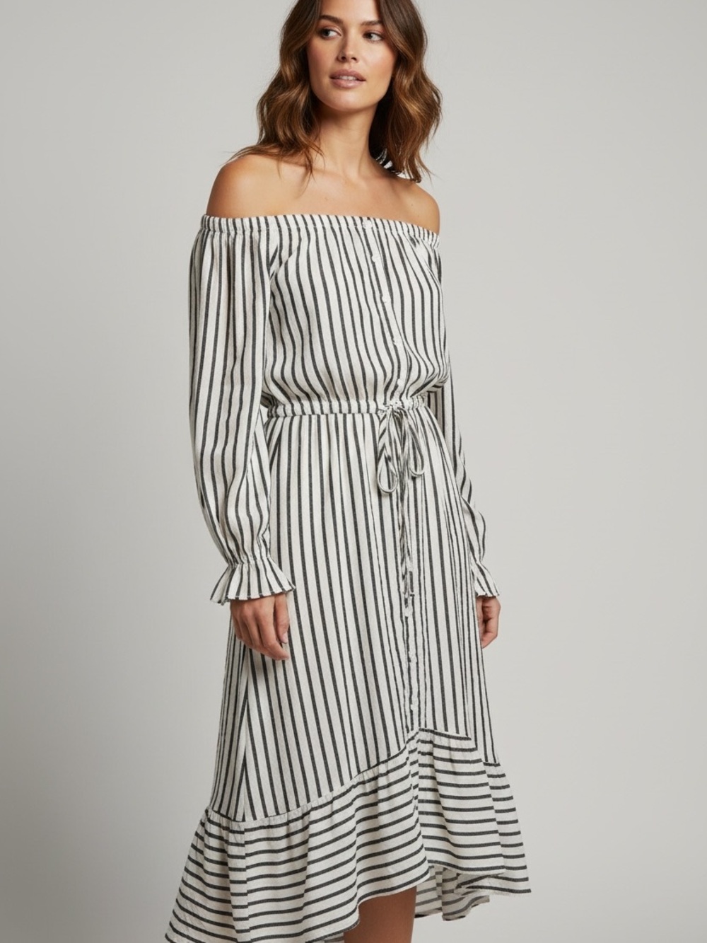 indigo soul Blue and White Off Shoulder Striped Midi Dress